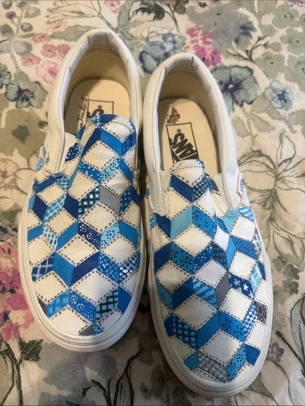 Vans “Off the Wall” Slip-On Quilted Checkerboard Blue & White Canvas Sneakers
